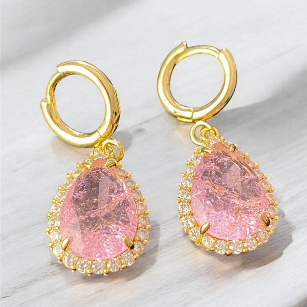 Pink Crackle Crystal Huggie Earrings NEW